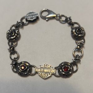 Rare Beautiful Harley Davidson Garnet & Rose Sterling Silver Bracelet